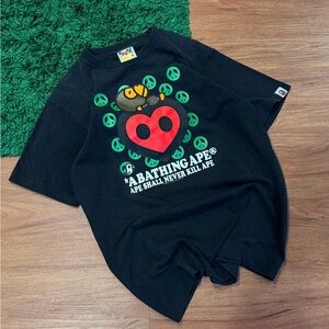 Bape Black Tee with Red Heart and Green Peace Signs